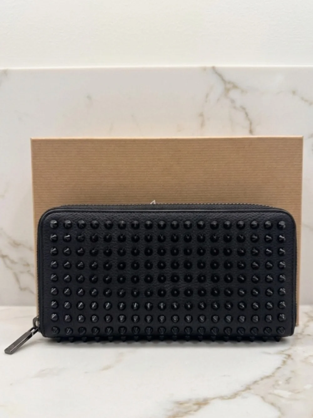Christian Louboutin Panettone Spiked Zip Wallet Black Leather Red Sole Authentic